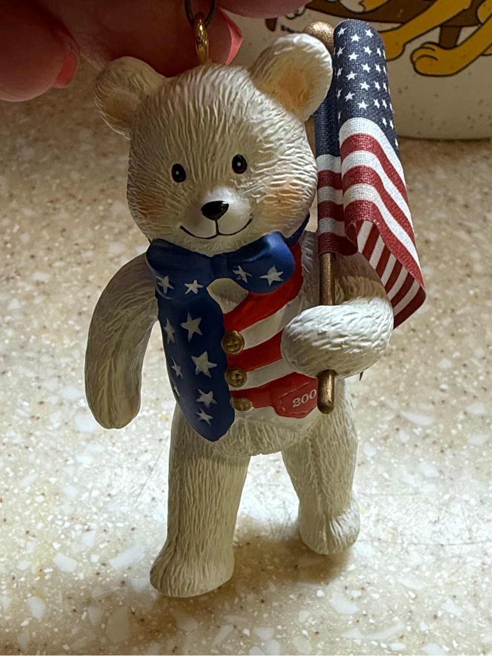 Patriotic Bear with Flag Christmas July 4th ornament in Red, White & Blue 2001